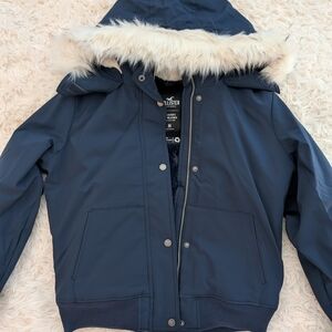 Hollister Navy Jacket with Faux-Fur Trim Hood